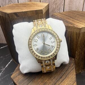 intage Gold Tone Rhinestone Statement Bracelet Watch Japan Movt Y2K